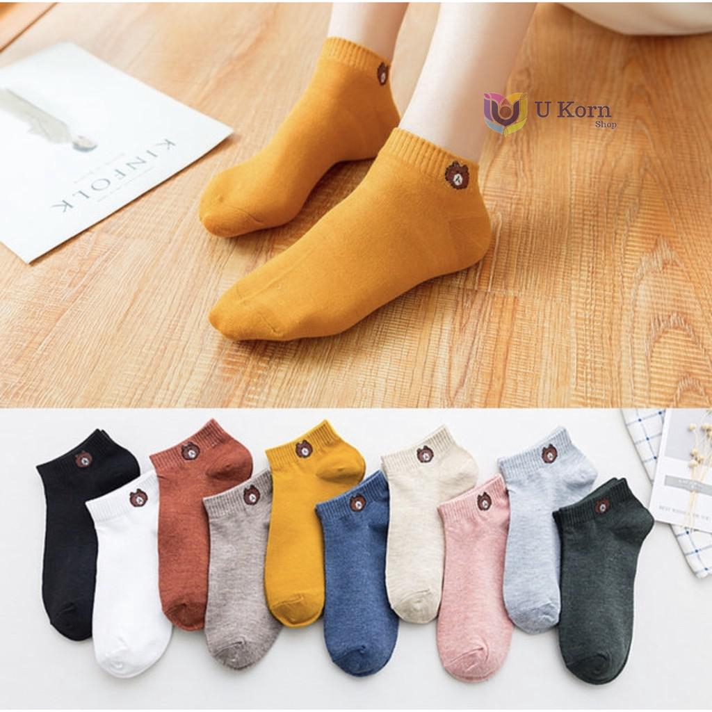 ถุงเท้าข้อสั้นลายหมี แฟชั่นสไตล์เกาหลี น่ารักมาก มีหลายสีให้เลือ uk99