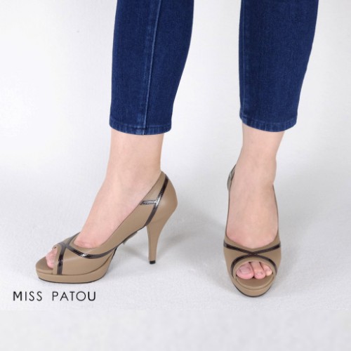 สีน้ำตาล &gt;&gt;&gt; MISS PATOU (1P793) รองเท้าคัชชูส้นสูงเล่นลายเส้น&lt;&lt;
