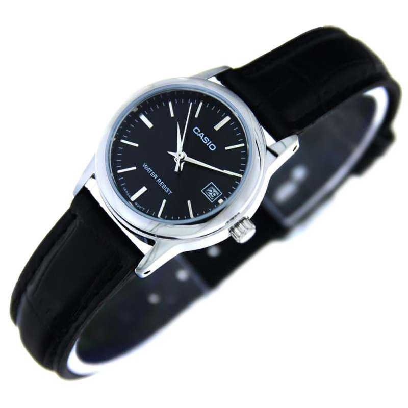 Win Watch Shop นาฬิกา Casio รุ่น LTPV002L1A นาฬิกาผู้หญิง สายหนังสีดำ หน้าปัดดำ