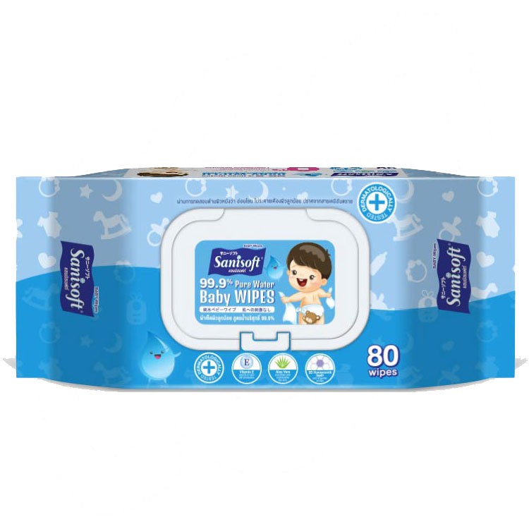 Sanisoft Baby Wipes 99.9% Pure Water / แซนนิซอฟท์ ผ้าเช็ดผิวลูกน้อย สูตรน้ำบริสุทธิ์ 99.9% ขนาด 80แ