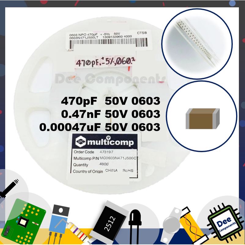 0.00047uF 0.47nF 470pF 0603 ± 5% 50V 0603N471J500LT Walsin Technology 2-A2-23 (1 แพ็ค มี 100 ชิ้น)