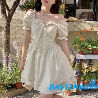 BAY-Women´s Dress, Fungus Trim Decoration Short Sleeve Solid Color Double-Layer High Waist Dresses