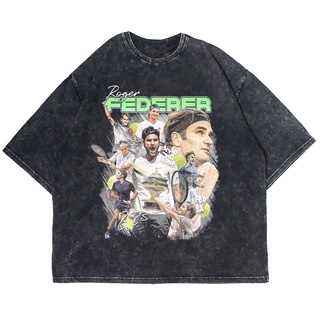 เสื้อยืดพิมพ์ลายแฟชั่นเสื้อยืดแขนสั้น พิมพ์ลาย ROGER Feder WASHING VINTAGE ขนาดใหญ่