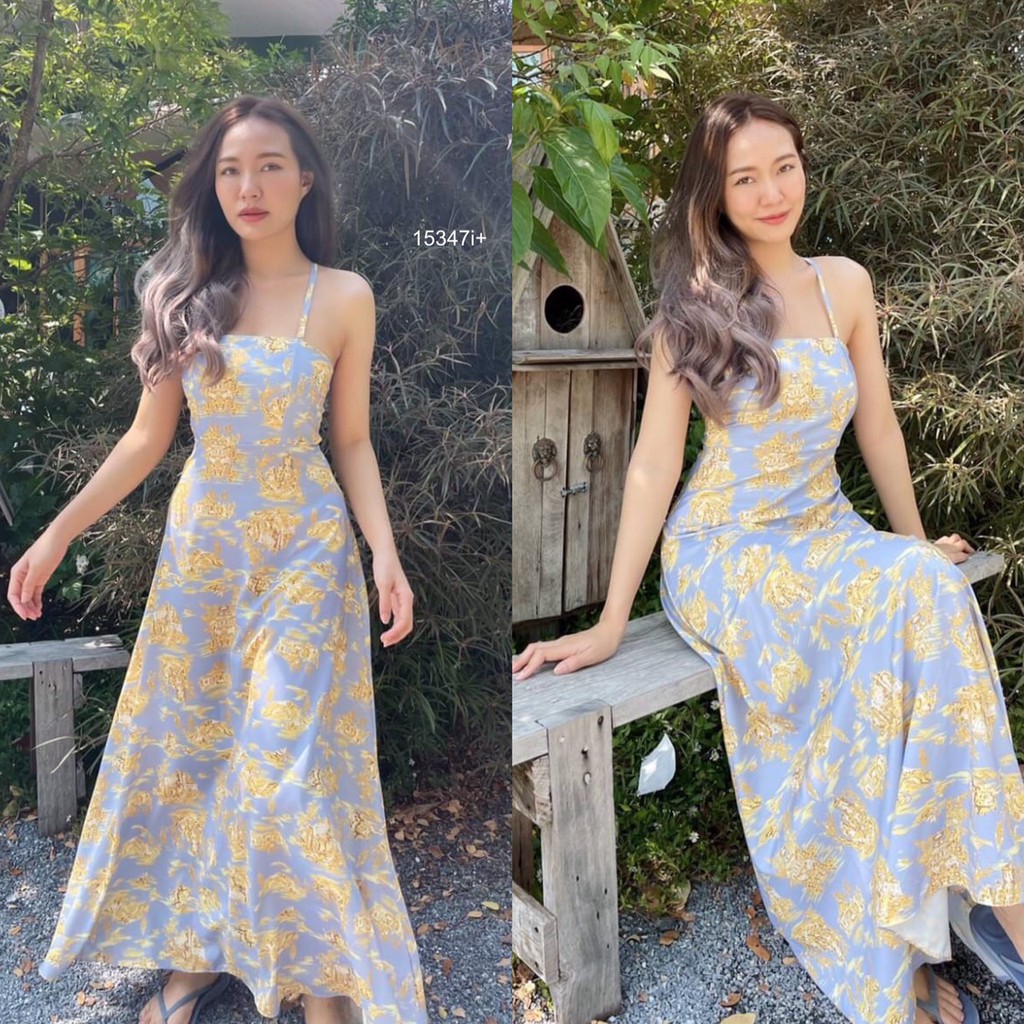 GN15347 **รบกวนสอบถามstockก่อนสั่งซื้อจ้า** แม็กซี่เดรสสายเดี่ยวผูกสานหลังพิมพ์ลายกราฟฟิก