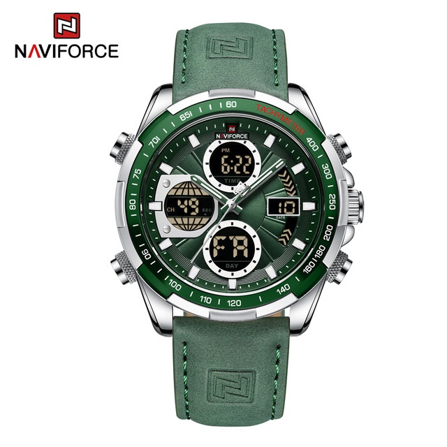 Naviforce Brand นาฬิกาข้อมือควอตซ์ ดิจิทัล สายหนังวัวแท้ สีเขียว สไตล์ทหาร สําหรับผู้ชาย