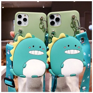 For Samsung galaxy S8 S9 S10 Plus Note10 Lite 2020 A81 A91 Note8 Note9 Cute Cartoon Dinosaur Coin Zipper Zero Wallet Bag Soft TPU Phone Case Back Cover With Lanyard