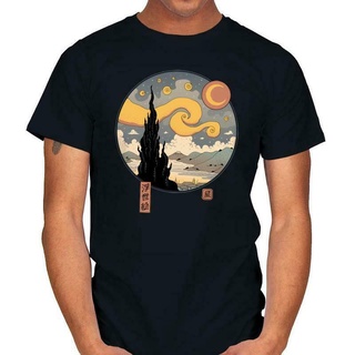 เสื้อยืด พิมพ์ลาย Starry Night Ukiyo-e Van Gogh Samurai Geisha Mashup สีดํา สไตล์ญี่ปุ่น สําหรับผู้ชาย 2022S-5XL