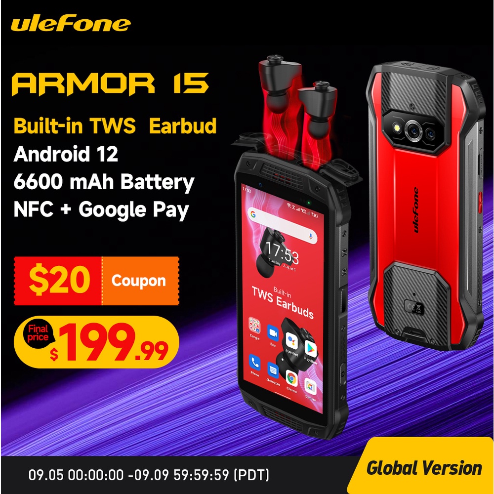 Ulefone Armor 15 Rugged Phone Android 12 Built-in TWS Earbuds Smartphone 6600mAh 128GB NFC 2.4G/5G W