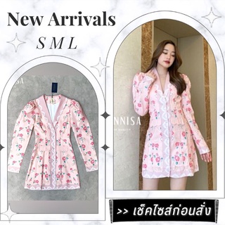 🧧จัดส่งฟรี🧧ชุดเดรสสั้น Dress เดรสสูททำงาน เดรสสั้นสีชมพู ชุดเดรสออกงาน เดรสคอปกแขนยาว เดรสสัั้นลายดอก เดรสสั้นเหนือเข่า