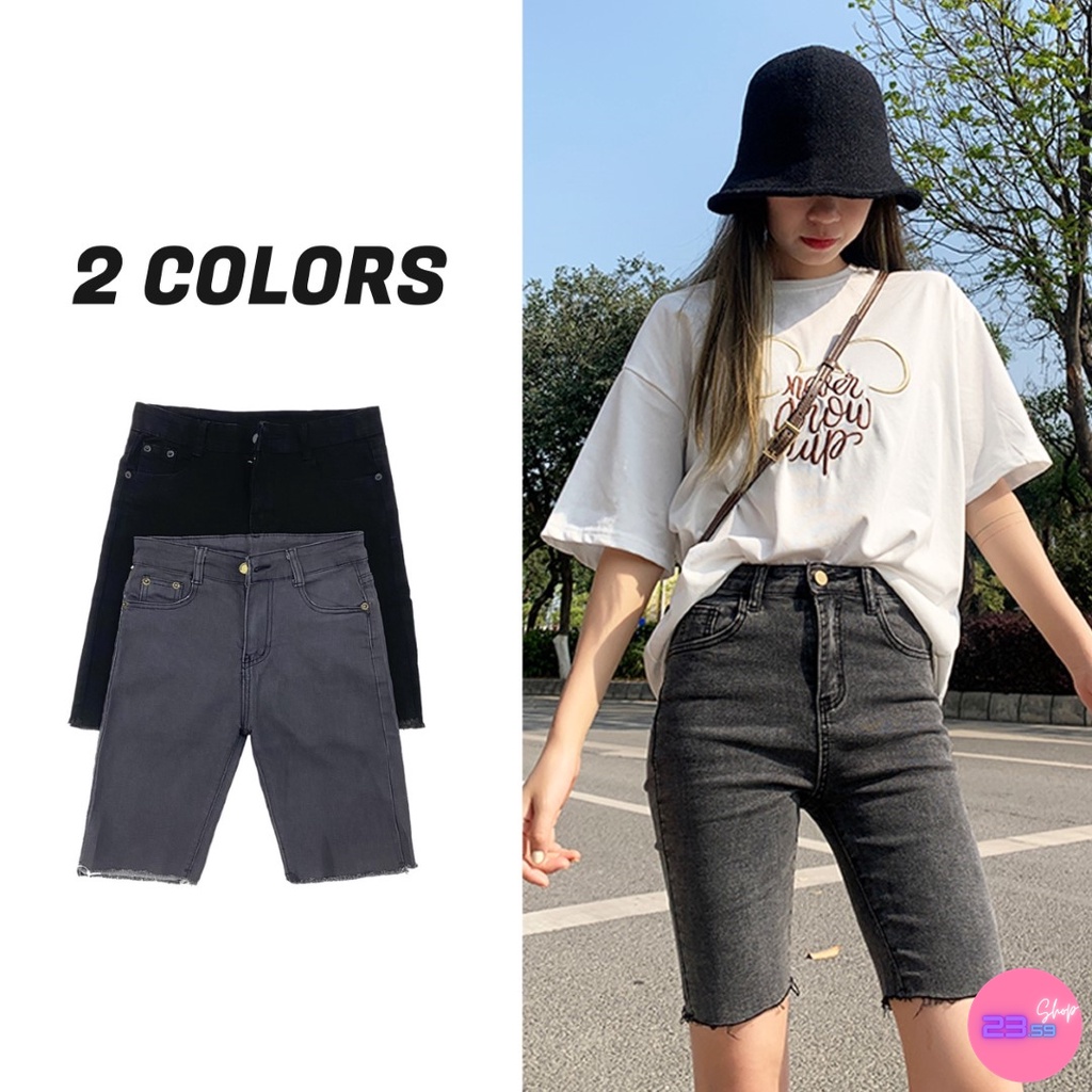 Sale80% กางเกงยีนส์ทรงขาสั้นเข้ารูป ผ้ายีนส์ยืด 2 สี