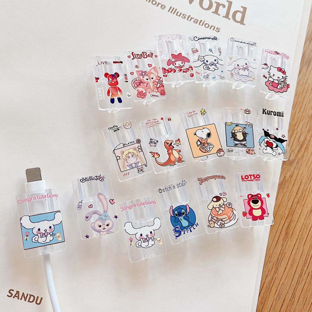 อะแดปเตอร์สายชาร์จ USB TPU กันรอยขีดข่วน ลายการ์ตูนหมี Hello Kitty Kuromi Linabell Snoopy สําหรับ Apple Android