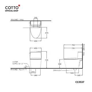 COTTO สุขภัณฑ์แบบสองชิ้น รุ่น C13537 Riviera Pro 4.8L พร้อมสาร UltraClean+