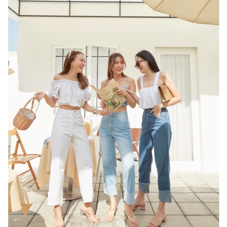 Sis story กางเกงยีนส์ขายาว เอวสูง ทรงตรง  พับขา สียีนส์เข้ม Sis322 Audrey Jeans