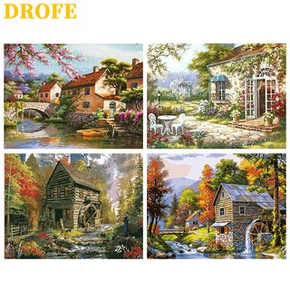 DROFE ภาพวาดระบายสีตามตัวเลข ผ้าใบ รูปภูมิทัศน์ชนบท พร้อมสี ขนาด 50X40 ซม.