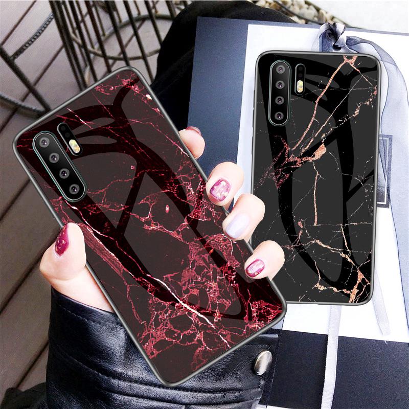 Huawei  P30 Pro P30 P Smart 2019 Case Luxury Marble Tempered Glass Hard Cover