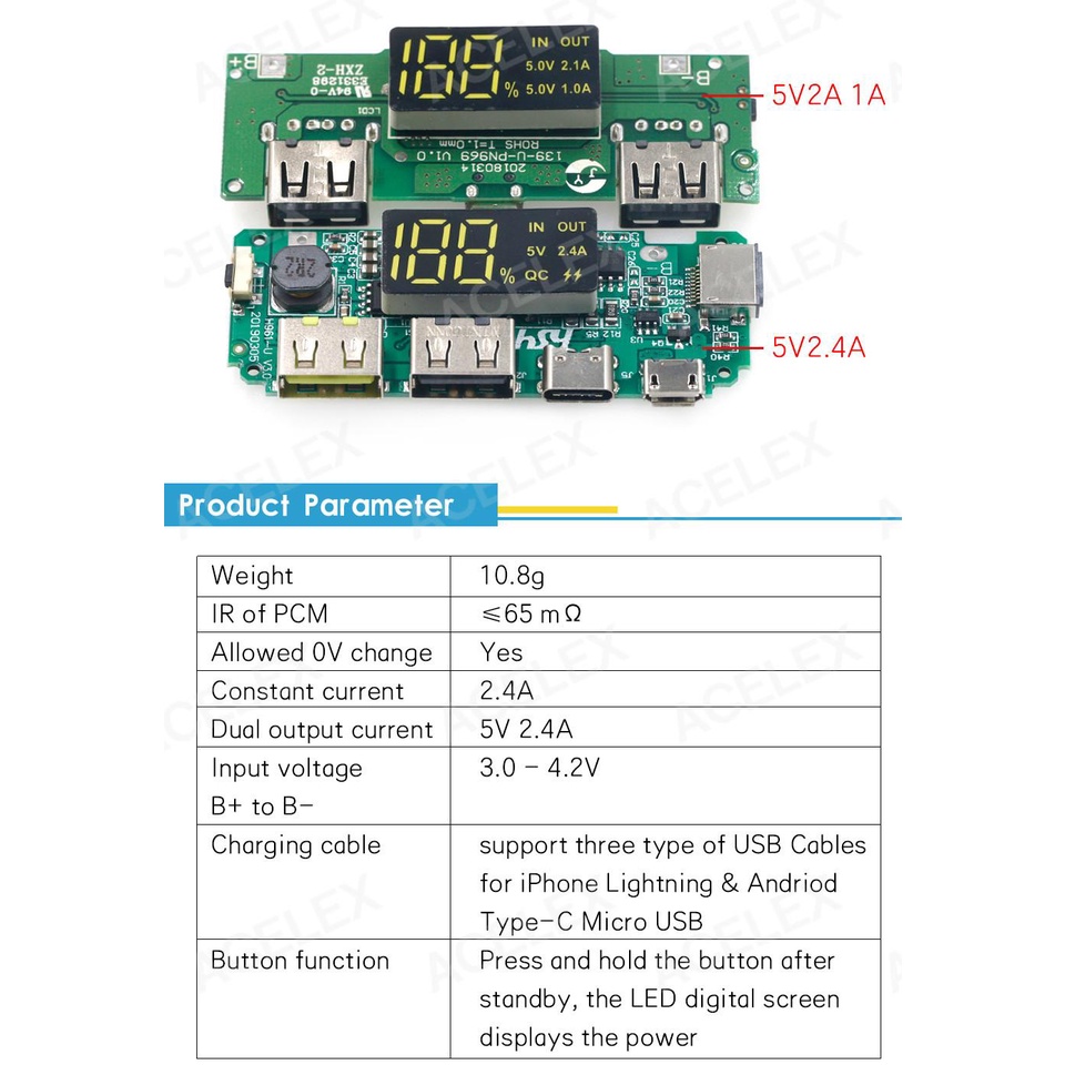 บอร์ดโมดูลเครื่องชาร์จ LED USB คู่ 5V 2.4A 2A 1A Micro/Type-C USB LED Dual USB 5V 2.4A 2A 1A แบตสำรองมือถือ 18650