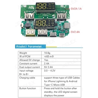 บอร์ดโมดูลเครื่องชาร์จ LED USB คู่ 5V 2.4A 2A 1A Micro/Type-C USB LED Dual USB 5V 2.4A 2A 1A แบตสำรองมือถือ 18650