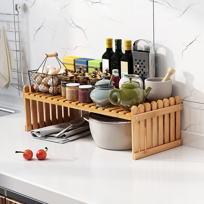 Bamboo Rack Organizer Kitchen Spice Rack Condiments Organizer 2-Tier ...