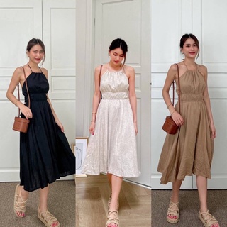 Goddessshop #8934 Linen dress ชุดเดรสลินินผูกคอ