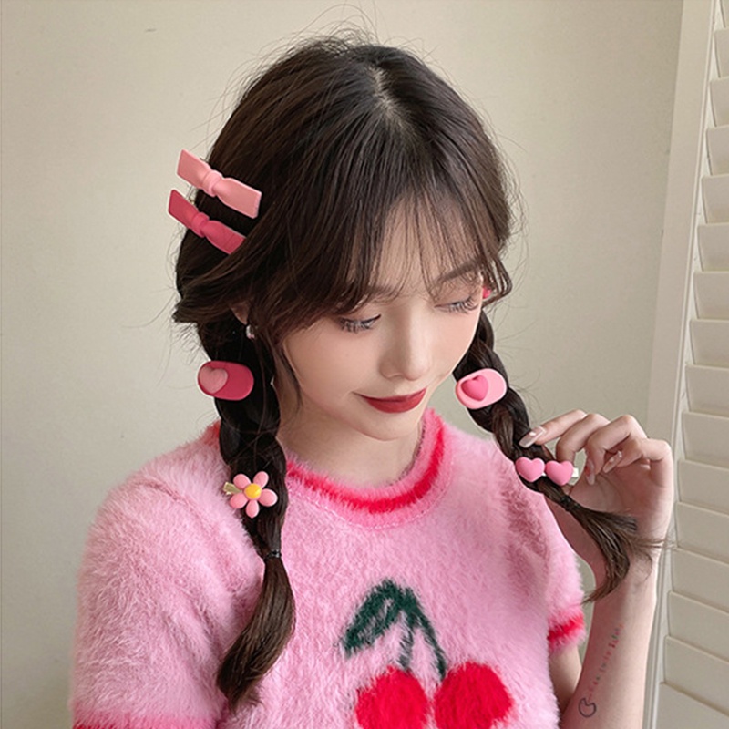 ชุดกิ๊บติดผม รูปหัวใจ ประดับโบว์ และดอกไม้น่ารัก สีชมพูหวาน แบบเรียบง่าย เครื่องประดับ สําหรับผู้หญิง