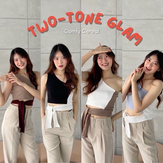 COMFY CEREAL - Two-tone Glam Tank เสื้อแขนกุดไหล่เดียว ผูกเอว ผ้าร่อง ตัดขอบทูโทน มี 4 สี