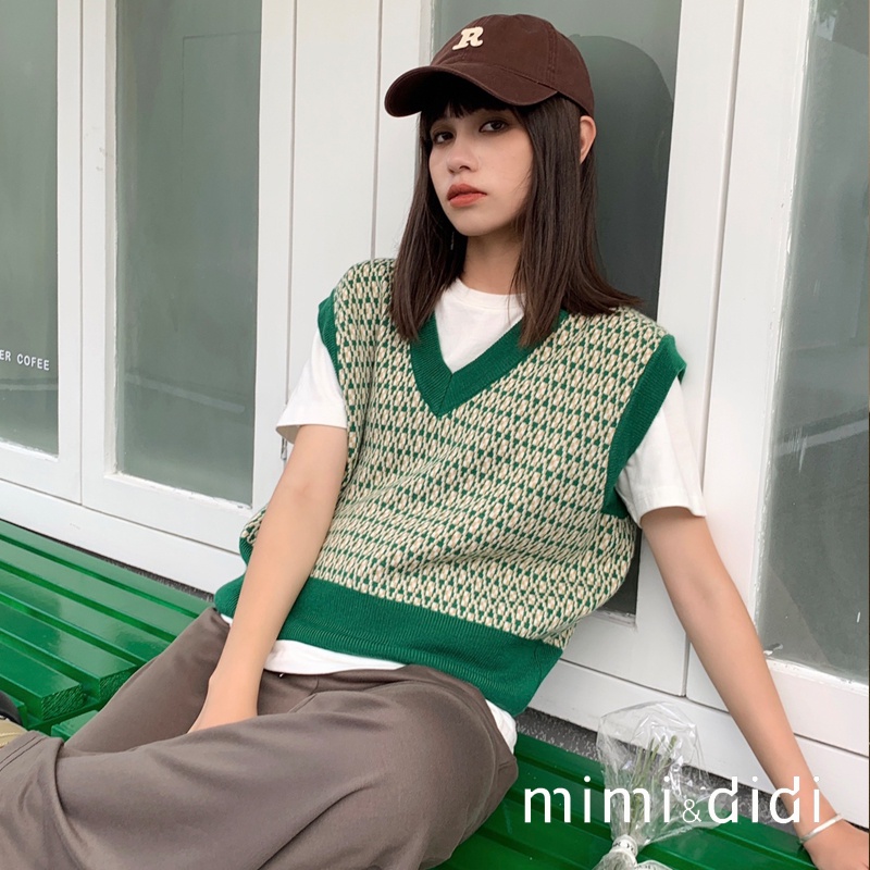 mimi&didi เสื้อกั๊กไหมพรม ทรงสวมหัว สไตล์ย้อนยุค ผ้าถักลายเพชร 29016
