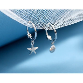 228-goodgift station-starfish shell earrings 925 sterling silver ต่างหูเงินแท้ s925 ห่วงกลมแบบล็อค ห้อยปลาดาว และหอยเชลส