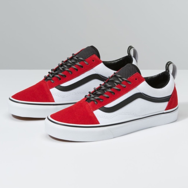 old skool red and white vans