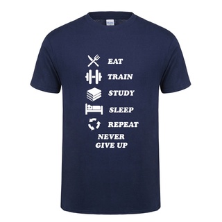 [S-5XL]เสื้อยืดแขนสั้น ผ้าฝ้าย พิมพ์ลาย Omnitee Eat Train Study Sleep Repeat Never Give Up สําหรับผู้ชาย