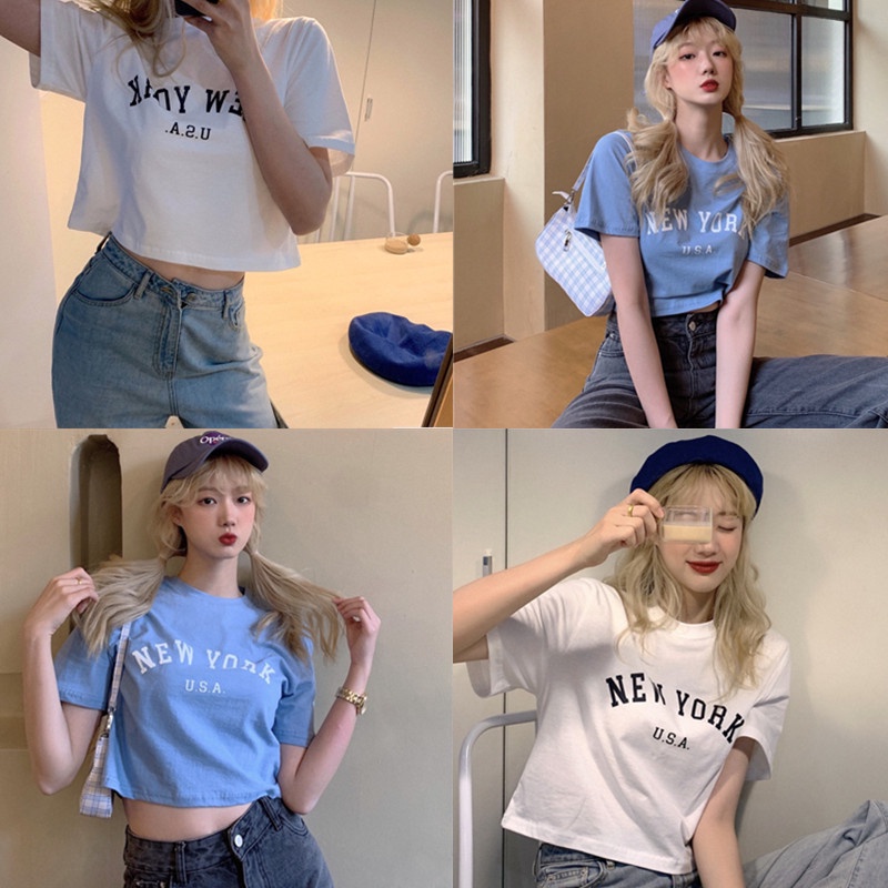 【WJZ】เสื้อยืดแขนสั้นพิมพ์ลายตัวอักษรหลวมแฟชั่นอเมริกันของผู้หญิง【6667】
