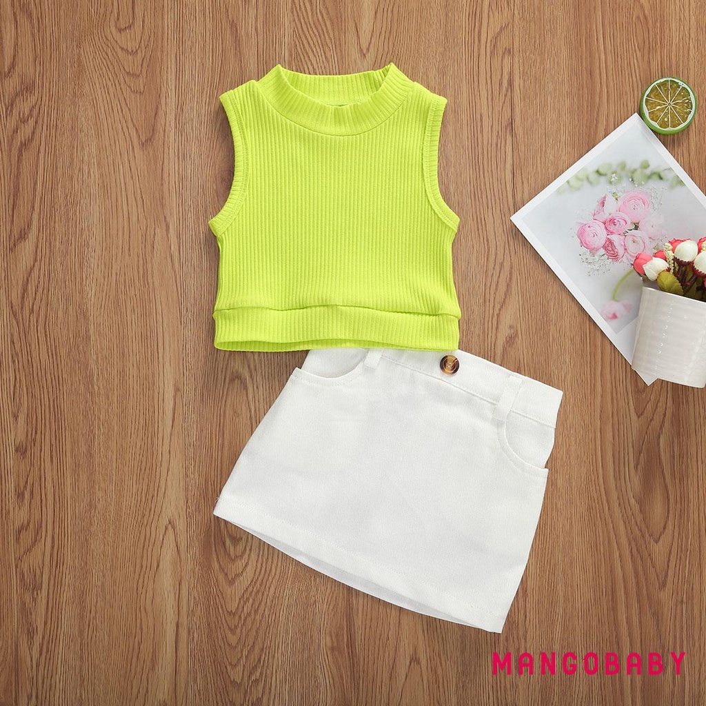 mg - เสื้อคอกลมแขนกุดสีเขียว + กระโปรงสีขาวสําหรับเด็กผู้หญิง