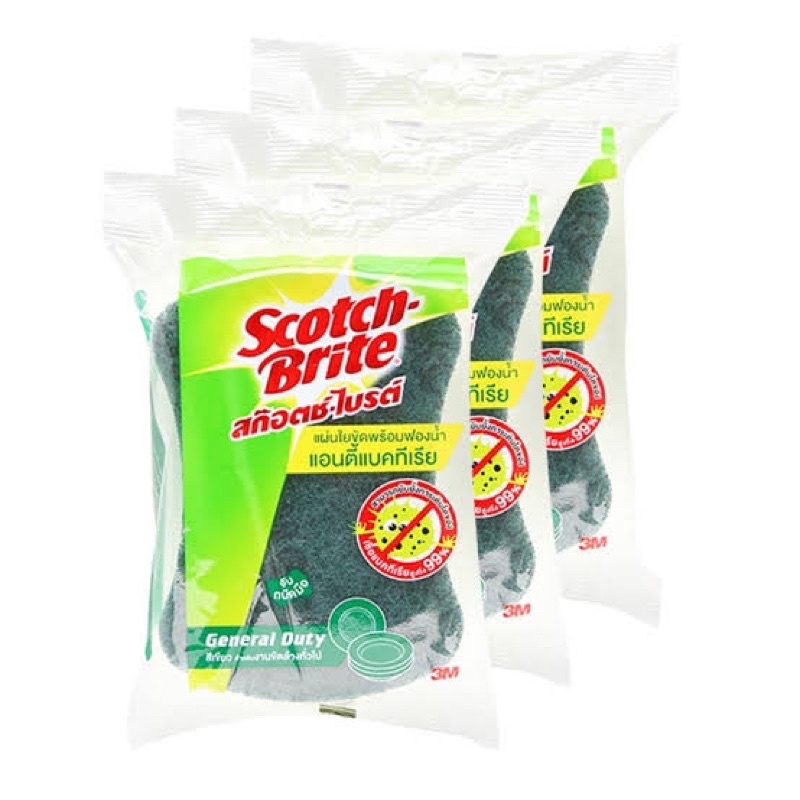 สุดคุ้ม แพ็ค3ชิ้น สก็อตไบท์ ฟองน้ำแอตตี้แบ็ค 3M antibac sponge green