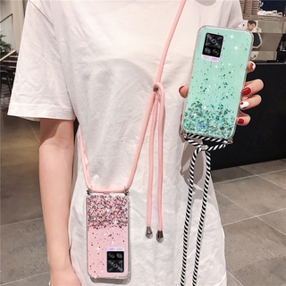 เคสโทรศัพท์ แบบนิ่ม สีใส ประดับกลิตเตอร์ พร้อมสายคล้องไหล่ สำหรับ Vivo V20 V20 Pro