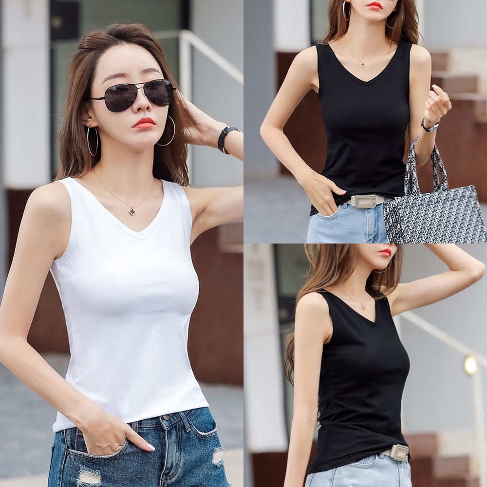FC พร้อมส่ง เสื้อกล้ามคอวีแขนกุด ไร้ขอบตะเข็บ 2 สีพื้น