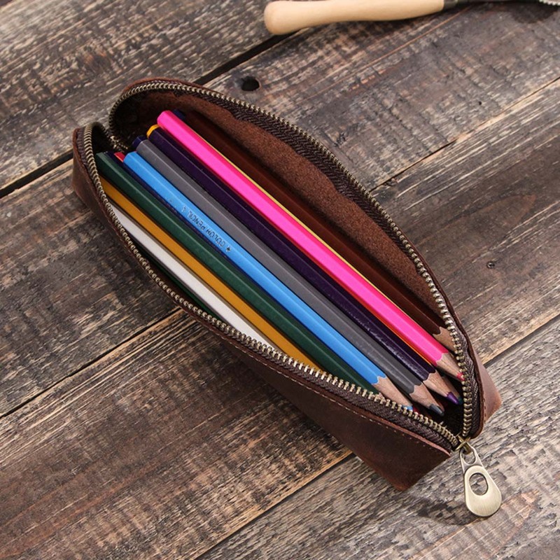 ST Retro Cowhide Leather Zipper Pencil Case Business School Office Pen ...