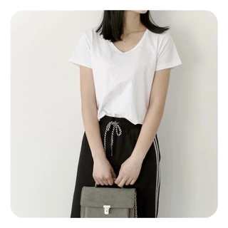 เสื้อยืดคอวี⛳️ผ้าสแปนเด็กซ์ สีพื้นสไตล์เกาหลีใส่สบายผ้านิ่ม #635