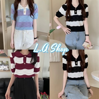 L.A Shop - พร้อมส่ง เสื้อไหมพรมคอปกแขนสั้น ลายทางสีพาสเทลกระดุมด้านหน้าน่ารักก "7649"