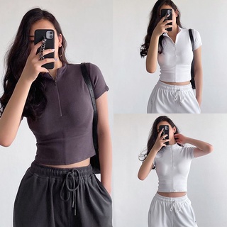 Kily.PH Collar Top Half Zip Short Sleeves Stand Knitted Crop Top 6A0158