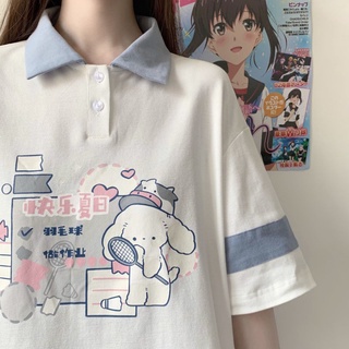 Summer new Japanese style soft girl sweet cute contrast color cartoon polo shirt lapel short sleeve T-shirt Loose Women