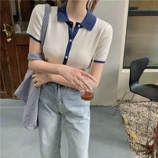 Xiaozhainv ผ้าไหมน้ำแข็งคอโปโล เสื้อคาร์ดิแกนถักแขนสั้น ครอบตัด ใหม่ แฟชั่นผู้หญิง