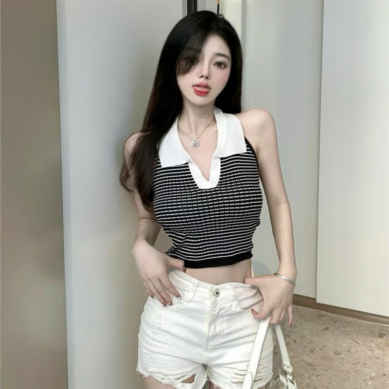 Vogue🌟พร้อมส่ง🌟  เสื้อครอปคล้องคอไหมพรม คอปก ดีเทลลายทางน่ารักมาก (0236) -C - รูปที่ 7