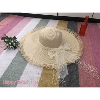 หมวกปีกสาน Happy Beach Hat สีน้ำครีม ตกแต่งโบว์