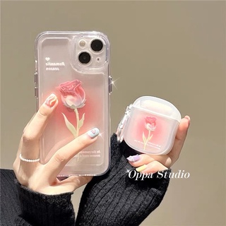 เคสโทรศัพท์มือถือ TPU นิ่ม แบบใส ปิดด้านหลัง ลายดอกกุหลาบ สีชมพู พรีเมี่ยม สําหรับ iPhone 13 Pro Max 12 11 XS Max XR X 7 8 Plus AirPods 3 2 1 Pro