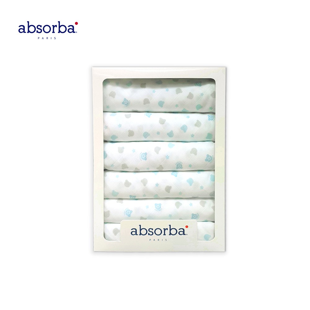 absorba ผ้าอ้อมผ้าสาลู ทอ 2 ชั้น พื้นขาว พิมพ์ลายน้องหมี มีให้เลือก 2 สี ฟ้าหรือชมพู บรรจุ 6 ผืน - R
