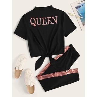 พร้อมส่ง SHEIN Mock Neck Slogan Graphic Top &amp; Striped Side Leggings Set