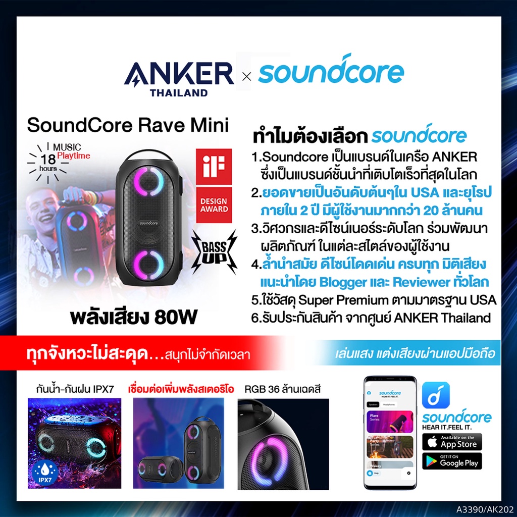 Anker Soundcore Rave Mini เครื่องเสียงพลังขับ 80W พร้อมวูฟเฟอร์ และไฟ ...