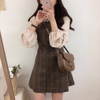 C6040, C6095 Milan brown dress and shirt เสื้อเชิ้ตคอบัวแขนยาว และชุดเดรสสั้นลายสก็อต **ขายแยกชิ้นนะค้า ♡