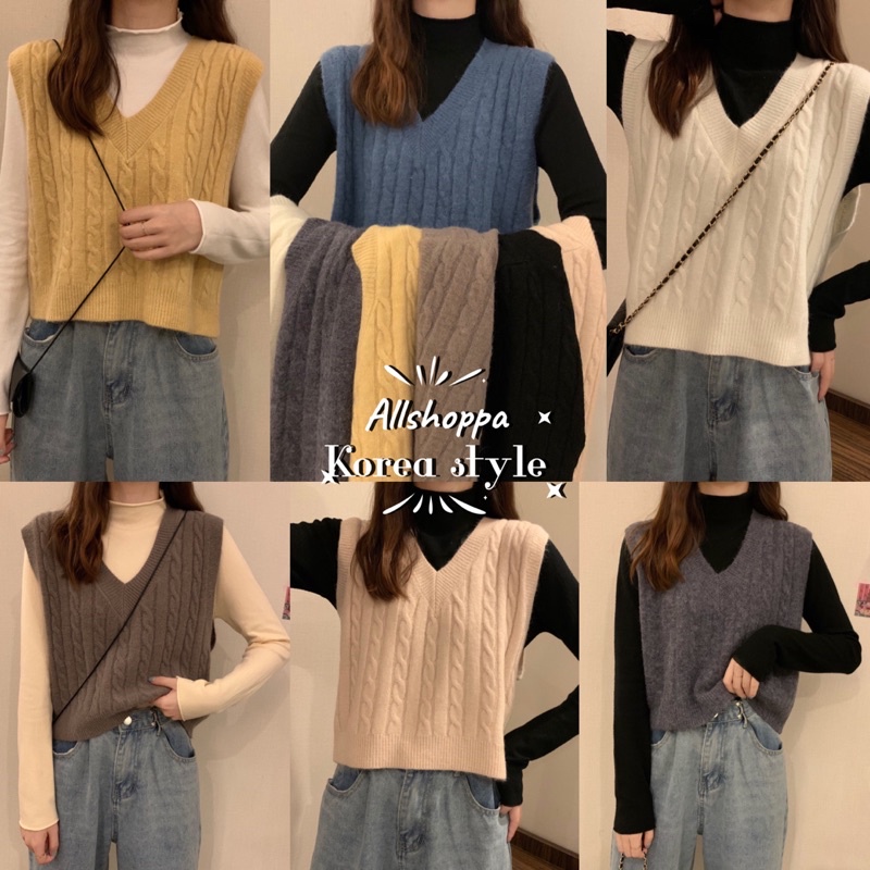 Allshoppa | (7สี) ส่งทันที! เสื้อกั๊กไหมพรม เสื้อกั๊กคอวี ลายนูน มินิมอล เกาหลีเกาใจ