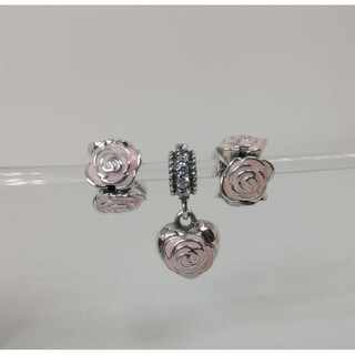 1คู่ Pink Rose Spacer Charm Silver สเปเซอร์ดอกกุหลาบชมพูอ่อนเงินแท้ มีโลโก้ 1คู่พร้อมส่ง#วันแม่