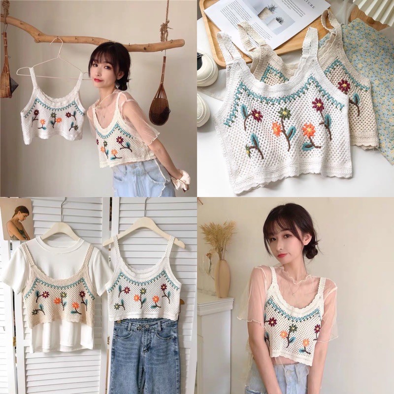 Onnie เสื้อสายเดี่ยวไหมพรมปักดอกไม้สุดคิ้ว สไตล์โบฮีเมียน